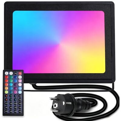 Aigostar Foco projetor LED com tomada, 50 W, com comando remoto, RGB: iluminação colorida, 6 modos de funcionamento estroboscópico. Iluminação regulável, temporizador. Uso interior e exterior IP65 Aigostar Foco projetor LED com tomada, 50 W, com comando remoto, RGB: iluminação colorida, 6 modos de funcionamento estroboscópico. Iluminação regulável, temporizador. Uso interior e exterior IP65