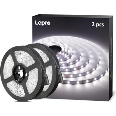 Lepro Faixa LED de 5 m, luzes LED para quarto 5 m, 300 LED SMD 2835, branco frio 6000 K, faixa de luz de 12 V não impermeável para teto, vitrina, móveis. Fonte de alimentação não incluída, pacote de 2 Lepro Faixa LED de 5 m, luzes LED para quarto 5 m, 300 LED SMD 2835, branco frio 6000 K, faixa de luz de 12 V não impermeável para teto, vitrina, móveis. Fonte de alimentação não incluída, pacote de 2
