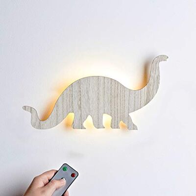 Lights4fun Aplique de parede dinossauro em madeira luminoso com 18 LEDs brancos quentes a pilhas e controlo remoto para interiores Lights4fun Aplique de parede dinossauro em madeira luminoso com 18 LEDs brancos quentes a pilhas e controlo remoto para interiores