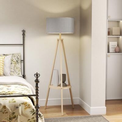 HOMCOM Candeeiro de pé tripé com prateleira de linho cinzento e natural Candeeiro de sala de estar, interruptor de pé, para sala de estar, escritório, quarto HOMCOM Candeeiro de pé tripé com prateleira de linho cinzento e natural Candeeiro de sala de estar, interruptor de pé, para sala de estar, escritório, quarto