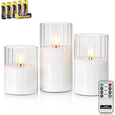 Rhytsing 3 velas LED de cristal com riscas verticais transparentes com controlo remoto, velas a pilhas com temporizador decorativas para casamentos e igrejas, altura 10 cm / 12,5 cm / 15 cm Rhytsing 3 velas LED de cristal com riscas verticais transparentes com controlo remoto, velas a pilhas com temporizador decorativas para casamentos e igrejas, altura 10 cm / 12,5 cm / 15 cm