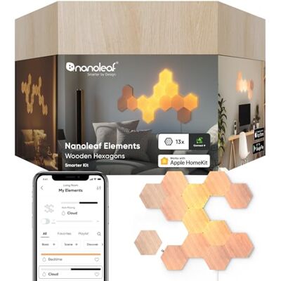 Nanoleaf Elements Kit de início de 13 hexágonos luminosos LED efeito de madeira, apliques de parede interior modulares, luzes LED inteligentes regulável Wi-Fi, compatível com Alexa, para decoração de quarto Nanoleaf Elements Kit de início de 13 hexágonos luminosos LED efeito de madeira, apliques de parede interior modulares, luzes LED inteligentes regulável Wi-Fi, compatível com Alexa, para decoração de quarto