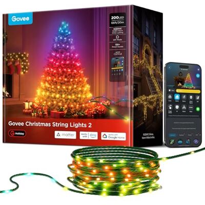 Govee RGBWIC Luzes de Natal para a Árvore 20 m, 200 LEDs com Shape Mapping e AIGC, Decoração Interior Exterior para Halloween Natal, 130+ Modos de Cena, Compatíveis com Matter, Cabos Verdes Govee RGBWIC Luzes de Natal para a Árvore 20 m, 200 LEDs com Shape Mapping e AIGC, Decoração Interior Exterior para Halloween Natal, 130+ Modos de Cena, Compatíveis com Matter, Cabos Verdes