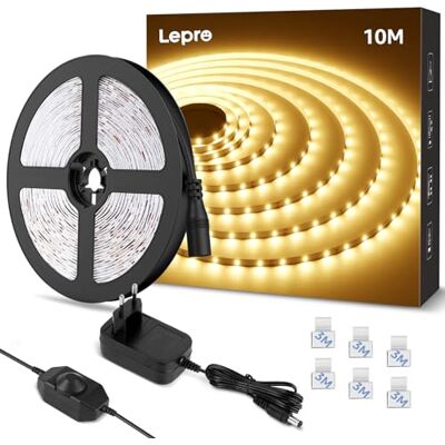 Lepro Tira LED 10 m branca quente, 3000 K, faixa de luz regulável 600 LEDs, 1800 lm, corrente LED auto-adesiva para decoração natalícia de cozinha interior (com fonte de alimentação e regulador de Lepro Tira LED 10 m branca quente, 3000 K, faixa de luz regulável 600 LEDs, 1800 lm, corrente LED auto-adesiva para decoração natalícia de cozinha interior (com fonte de alimentação e regulador de