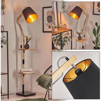 hofstein Tukchor Candeeiro de pé ajustável em madeira, metal e tecido, cor preto/natural/preto e dourado, design boémio com prateleiras e interruptores, 152,5 cm, E27, sala de estar, quarto, sala de hofstein Tukchor Candeeiro de pé ajustável em madeira, metal e tecido, cor preto/natural/preto e dourado, design boémio com prateleiras e interruptores, 152,5 cm, E27, sala de estar, quarto, sala de