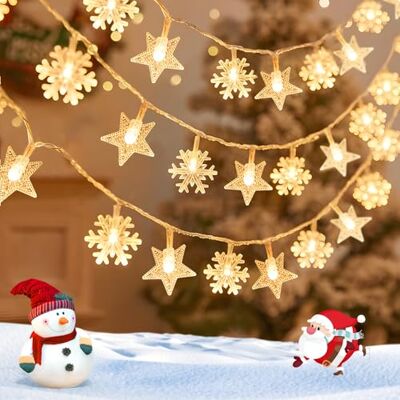 Aigostar 2,5m 25 LED Guirlandas de Luzes com Pilhas Estrela e Floco de Neve, 8 Modos Corrente de Luzes de Natal, IP44 Impermeável com Temporizador para Interior e Exterior, Festa, Quarto (Branca Aigostar 2,5m 25 LED Guirlandas de Luzes com Pilhas Estrela e Floco de Neve, 8 Modos Corrente de Luzes de Natal, IP44 Impermeável com Temporizador para Interior e Exterior, Festa, Quarto (Branca