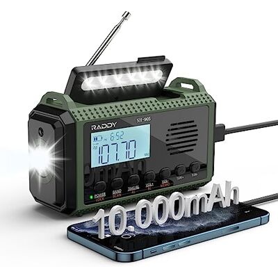Raddy SH-905 Rádio de emergência, manivela, solar, 10.000 mAh, Am/FM/SW/Alertas NOAA, rádio portátil com lanterna e candeeiro de leitura, SOS, suporte de bateria para cortes de energia e campismo Raddy SH-905 Rádio de emergência, manivela, solar, 10.000 mAh, Am/FM/SW/Alertas NOAA, rádio portátil com lanterna e candeeiro de leitura, SOS, suporte de bateria para cortes de energia e campismo