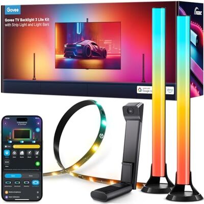 Govee Luzes LED TV retroiluminação 3 Lite Kit, luzes LED para TV de 55 a 65 polegadas, faixa de luz LED RGBICW Wi-Fi de 3,6 m com câmara e barras de luz inteligentes de 38 cm Govee Luzes LED TV retroiluminação 3 Lite Kit, luzes LED para TV de 55 a 65 polegadas, faixa de luz LED RGBICW Wi-Fi de 3,6 m com câmara e barras de luz inteligentes de 38 cm