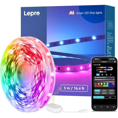 Lepro S1 AI Faixa LED de 5 m, luzes LED MagicColor, funciona com Alexa e Google Assistant, sincronização de música, designer de iluminação AI personalizado, luz WiFi para quarto, festa, gaming Lepro S1 AI Faixa LED de 5 m, luzes LED MagicColor, funciona com Alexa e Google Assistant, sincronização de música, designer de iluminação AI personalizado, luz WiFi para quarto, festa, gaming