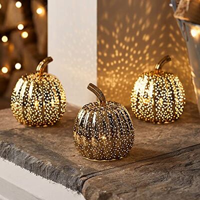 Lights4fun Conjunto de 3 abóboras de Halloween decorativas em vidro movadas com LED brancos quentes a pilhas para interiores Lights4fun Conjunto de 3 abóboras de Halloween decorativas em vidro movadas com LED brancos quentes a pilhas para interiores