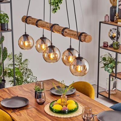 hofstein Candeeiro suspenso Koyoto da , 5 luzes de metal/madeira/vidro em preto/natural/âmbar, vintage com ecrãs de vidro e vigas de madeira, máximo 150 cm, E27, sala de jantar, sala de estar, cozinha hofstein Candeeiro suspenso Koyoto da , 5 luzes de metal/madeira/vidro em preto/natural/âmbar, vintage com ecrãs de vidro e vigas de madeira, máximo 150 cm, E27, sala de jantar, sala de estar, cozinha