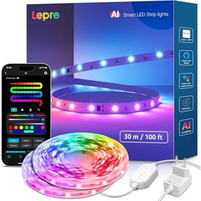 Lepro S1 AI Faixa LED de 30 m, luzes LED MagicCor, com Alexa e Google Assistant, sincronização de música, designer de iluminação AI personalizado, luz Wi-Fi para quarto, festa, jogos Lepro S1 AI Faixa LED de 30 m, luzes LED MagicCor, com Alexa e Google Assistant, sincronização de música, designer de iluminação AI personalizado, luz Wi-Fi para quarto, festa, jogos