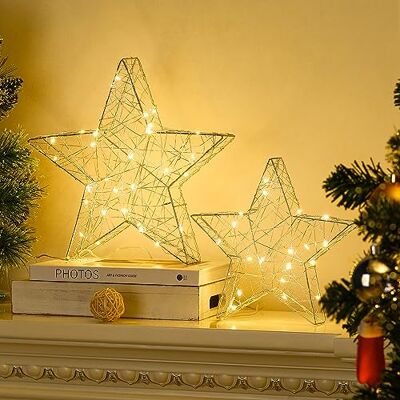 Lewondr Candeeiro de mesa decorativo, 2 peças candeeiros de mesa de cabeceira modernos em forma de estrela com temporizador, luzes LED de Natal brilhantes a pilhas para quarto sala de estar alpendre Lewondr Candeeiro de mesa decorativo, 2 peças candeeiros de mesa de cabeceira modernos em forma de estrela com temporizador, luzes LED de Natal brilhantes a pilhas para quarto sala de estar alpendre