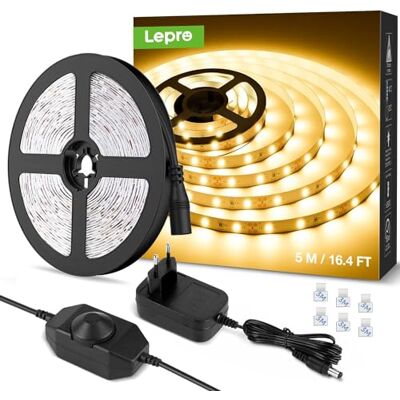 Lepro Faixa LED regulável, luzes LED quarto 5 m 1200 lm, branco quente 3000 K, 300 LED, faixa de luz LED para armário, armário e muito mais, fonte de alimentação de 12 V incluído e regulador de intensidade Lepro Faixa LED regulável, luzes LED quarto 5 m 1200 lm, branco quente 3000 K, 300 LED, faixa de luz LED para armário, armário e muito mais, fonte de alimentação de 12 V incluído e regulador de intensidade
