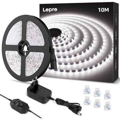 Lepro Tira LED de 10 m, branca fria, 6000 K, luzes LED para quarto regulável, 600 LEDs, 1800 lm, faixa de luz LED para decoração natalícia e cozinha interior (com fonte de alimentação e regulador de Lepro Tira LED de 10 m, branca fria, 6000 K, luzes LED para quarto regulável, 600 LEDs, 1800 lm, faixa de luz LED para decoração natalícia e cozinha interior (com fonte de alimentação e regulador de