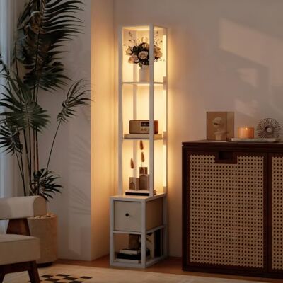 HOMCOM Candeeiro de pé moderno 169 cm com prateleiras abertas em branco Candeeiro de sala de estar, interruptor de pé, gaveta de tecido, quarto, escritório, sala de estar HOMCOM Candeeiro de pé moderno 169 cm com prateleiras abertas em branco Candeeiro de sala de estar, interruptor de pé, gaveta de tecido, quarto, escritório, sala de estar