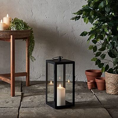 Lights4fun Lanterna decorativa de metal preto de 35 cm com vela LED TruGlow® a pilhas para interiores e exteriores Lights4fun Lanterna decorativa de metal preto de 35 cm com vela LED TruGlow® a pilhas para interiores e exteriores