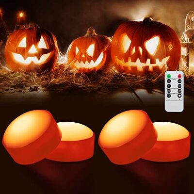 Litake 4 luzes LED de abóbora para Halloween, deco de luzes de abóbora, velas sem chama brilhantes e piscas com controlo remoto e temporizador, luzes jack ou lanternas com pilhas para o Halloween Litake 4 luzes LED de abóbora para Halloween, deco de luzes de abóbora, velas sem chama brilhantes e piscas com controlo remoto e temporizador, luzes jack ou lanternas com pilhas para o Halloween