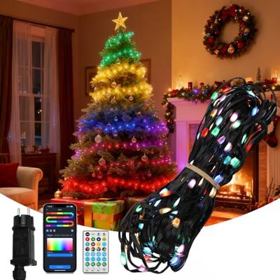 Aigostar Luzes de Natal inteligentes RGBIC, faixa LED 10 M 100 LED, controlo por segmentos, APP e comando, Music Sync, 39 efeitos dinâmicos, 150 cenas, impermeável, para decoração de festas de Halloween Aigostar Luzes de Natal inteligentes RGBIC, faixa LED 10 M 100 LED, controlo por segmentos, APP e comando, Music Sync, 39 efeitos dinâmicos, 150 cenas, impermeável, para decoração de festas de Halloween