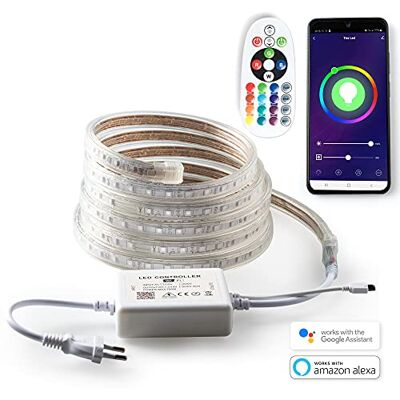 Ahorraluz Faixa LED RGB 220 V com Alexa e Google Home. WIFI (App) e controlo remoto 16 cores IMPERMEABLE IP67 Waterproof IP67 Strip (1 metro) Ahorraluz Faixa LED RGB 220 V com Alexa e Google Home. WIFI (App) e controlo remoto 16 cores IMPERMEABLE IP67 Waterproof IP67 Strip (1 metro)