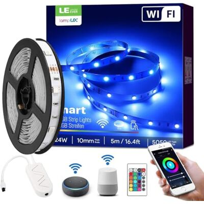 Lepro LE 5M 24 W Luzes de tira Wi-Fi (apenas 2,4 GHz), tiras LED de 16 milhões RGB regulável com temporizador, controlo remoto e APP inteligente, compatível com Alexa/Google Home, decoração para quarto, cozinha Lepro LE 5M 24 W Luzes de tira Wi-Fi (apenas 2,4 GHz), tiras LED de 16 milhões RGB regulável com temporizador, controlo remoto e APP inteligente, compatível com Alexa/Google Home, decoração para quarto, cozinha