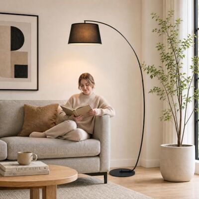HOMCOM Candeeiro de pé arco com ecrã de tecido com tampa E27 preto Candeeiro de pé para sala de estar, lâmpada não incluída, interruptor de pedal, para quarto, escritório HOMCOM Candeeiro de pé arco com ecrã de tecido com tampa E27 preto Candeeiro de pé para sala de estar, lâmpada não incluída, interruptor de pedal, para quarto, escritório