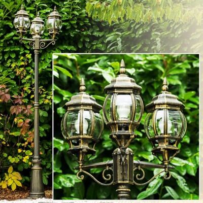 hofstein Candelabro Kobe, candeeiro de pé para exterior de aparência antiga, metal em castanho/ouro com discos de plástico, luz de caminho de 3 braços 215 cm, candeeiro de jardim retro/vintage, E27, IP44, sem hofstein Candelabro Kobe, candeeiro de pé para exterior de aparência antiga, metal em castanho/ouro com discos de plástico, luz de caminho de 3 braços 215 cm, candeeiro de jardim retro/vintage, E27, IP44, sem