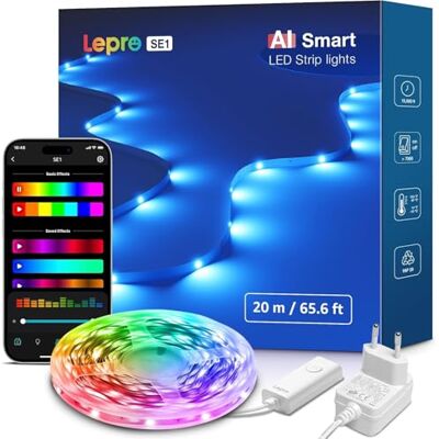 Lepro SE1 AI Faixa LED de 20 m RGB, luzes LED inteligentes, sincronização musica, funciona com Alexa e Google Assistant, designer de iluminação AI personalizado, luz Wi-Fi para TV, jogos, bares Lepro SE1 AI Faixa LED de 20 m RGB, luzes LED inteligentes, sincronização musica, funciona com Alexa e Google Assistant, designer de iluminação AI personalizado, luz Wi-Fi para TV, jogos, bares