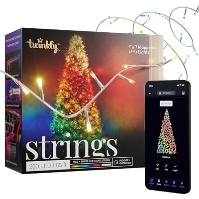 Twinkly Strings 250 LED RGB+ branco, grinalda de luzes LED, LED inteligentes para interiores e exteriores, compatível com Alexa e Google Home, IP44, decoração de Natal, controlo de aplicação, cabo Twinkly Strings 250 LED RGB+ branco, grinalda de luzes LED, LED inteligentes para interiores e exteriores, compatível com Alexa e Google Home, IP44, decoração de Natal, controlo de aplicação, cabo
