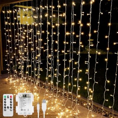Lepro LE Cortina Luzes LED 3 x 3 m, 300 LED, USB ou pilhas, corrente de luzes branco quente, 8 modos de luz, impermeável interior e exterior, luz de fadas intensidade regulável, decoração de festas, Natal Lepro LE Cortina Luzes LED 3 x 3 m, 300 LED, USB ou pilhas, corrente de luzes branco quente, 8 modos de luz, impermeável interior e exterior, luz de fadas intensidade regulável, decoração de festas, Natal