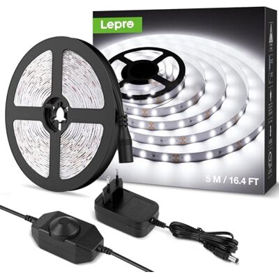Lepro Faixa LED regulável, luzes LED para quarto, 5 m, 1200 lm, branco frio, 6000 K, 300 LEDs, faixa de luz LED para armário, armário e mais, incluindo fonte de alimentação de 12 V e regulador de Lepro Faixa LED regulável, luzes LED para quarto, 5 m, 1200 lm, branco frio, 6000 K, 300 LEDs, faixa de luz LED para armário, armário e mais, incluindo fonte de alimentação de 12 V e regulador de