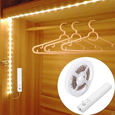 OriFiil Luzes LED com sensor de movimento, 1,5 m faixa LED pilhas, luz do armário, 3000 K branco quente noite para debaixo da cama, quarto, corredor casa de banho, cozinha, escadas OriFiil Luzes LED com sensor de movimento, 1,5 m faixa LED pilhas, luz do armário, 3000 K branco quente noite para debaixo da cama, quarto, corredor casa de banho, cozinha, escadas