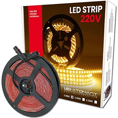 LED ATOMANT Rolo de 5 metros de faixa de luz LED direta a 220 v, 12 W/m, cor branca quente (3000 K), impermeável (IP65), corte a cada 10 cm LED ATOMANT Rolo de 5 metros de faixa de luz LED direta a 220 v, 12 W/m, cor branca quente (3000 K), impermeável (IP65), corte a cada 10 cm