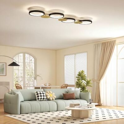 HOMCOM Candeeiro de teto regulável com 4 focos 1500 lm 38 W preto e dourado Plafão LED, controlo remoto, modos de cena, 3000 K 6500 K, sala de estar quarto sala de jantar escritório HOMCOM Candeeiro de teto regulável com 4 focos 1500 lm 38 W preto e dourado Plafão LED, controlo remoto, modos de cena, 3000 K 6500 K, sala de estar quarto sala de jantar escritório