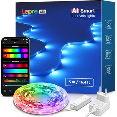 Lepro SE1 AI Faixa LED 5 M RGB, luzes LED inteligente, sincronização música, funciona com Alexa e Google Assistant, designer de iluminação AI personalizado, luz Wi-Fi para TV, jogos, bares, festas Lepro SE1 AI Faixa LED 5 M RGB, luzes LED inteligente, sincronização música, funciona com Alexa e Google Assistant, designer de iluminação AI personalizado, luz Wi-Fi para TV, jogos, bares, festas