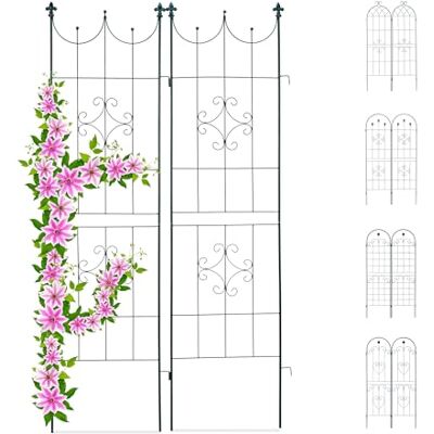 Relaxdays Conjunto de dois suportes para trepadeira, treliça metálica, ponta decorada, 180 x 50 cm, verde escuro Relaxdays Conjunto de dois suportes para trepadeira, treliça metálica, ponta decorada, 180 x 50 cm, verde escuro