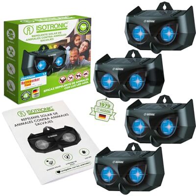 ISOTRONIC Repelente solar para guaxinins, veados, raposa e javalis: Repelente de fauna selvagem com luz LED azul. Design eficaz com um alcance eficaz de 40 m² (4 unidades). ISOTRONIC Repelente solar para guaxinins, veados, raposa e javalis: Repelente de fauna selvagem com luz LED azul. Design eficaz com um alcance eficaz de 40 m² (4 unidades).