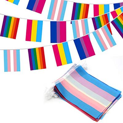 Anley 32 bandeiras de corda de arco-íris sortidas, 4 galhardetes mistas com LGBT, pansexualidade, bissexualidade e transgênero, 32 bandeiras de 26 pés Anley 32 bandeiras de corda de arco-íris sortidas, 4 galhardetes mistas com LGBT, pansexualidade, bissexualidade e transgênero, 32 bandeiras de 26 pés