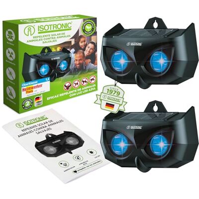 ISOTRONIC Repelente solar para guaxinins, veados, raposa e javalis: Repelente de fauna selvagem com luz LED azul. Design eficaz com um alcance eficaz de 40 m² (2 unidades). ISOTRONIC Repelente solar para guaxinins, veados, raposa e javalis: Repelente de fauna selvagem com luz LED azul. Design eficaz com um alcance eficaz de 40 m² (2 unidades).