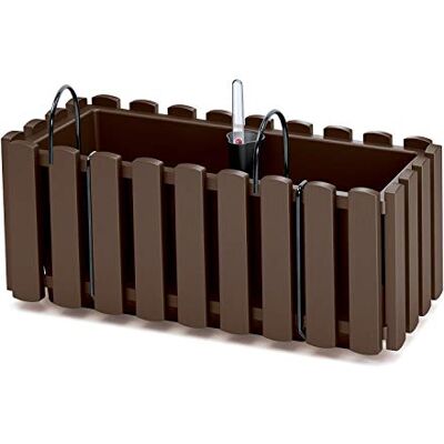 Prosperplast Boardee Fencycase Vaso de varanda com suspensão sistema de rega vaso com ganchos para corrimão (380 mm, castanho) Prosperplast Boardee Fencycase Vaso de varanda com suspensão sistema de rega vaso com ganchos para corrimão (380 mm, castanho)