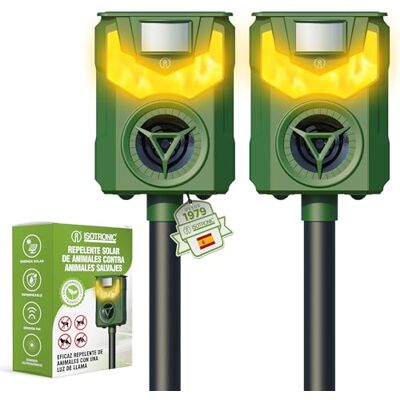 ISOTRONIC Repelente solar para guaxinins, veados, raposa e javalis: Repelente de fauna selvagem com frequência e luz de chama: eficaz dissuasivo para animais (2 unidades). ISOTRONIC Repelente solar para guaxinins, veados, raposa e javalis: Repelente de fauna selvagem com frequência e luz de chama: eficaz dissuasivo para animais (2 unidades).