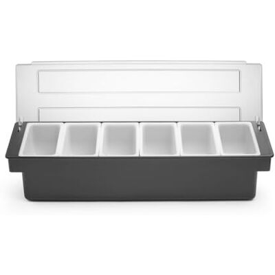HENDI Porta-condimentos de bar, bandeja de acessórios para coquetéis BarUp, caixa organizadora com tampa transparente, 6 recipientes de polipropileno, 480 x 150 x (H) 100 mm, HIPS, preto HENDI Porta-condimentos de bar, bandeja de acessórios para coquetéis BarUp, caixa organizadora com tampa transparente, 6 recipientes de polipropileno, 480 x 150 x (H) 100 mm, HIPS, preto