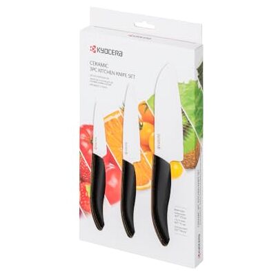 Kyocera FK-3PC-BK, Conjunto de facas, faca de descascar 7,5 cm, faca utilitária 11 cm, faca Santoku 14 cm, lâmina de cerâmica de zircão afiada, afiada à mão, leve, não corrosiva Kyocera FK-3PC-BK, Conjunto de facas, faca de descascar 7,5 cm, faca utilitária 11 cm, faca Santoku 14 cm, lâmina de cerâmica de zircão afiada, afiada à mão, leve, não corrosiva