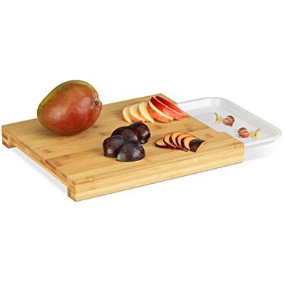 Relaxdays Tábua de cortar cozinha, bandeja removível para picar, pequeno-almoço, servir, bambu, 3 x 30 x 25 cm, castanho e branco Relaxdays Tábua de cortar cozinha, bandeja removível para picar, pequeno-almoço, servir, bambu, 3 x 30 x 25 cm, castanho e branco