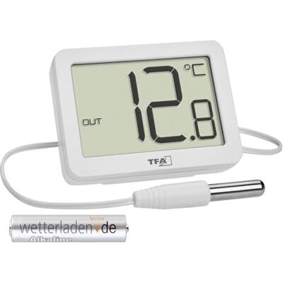 TFA Dostmann Termómetro digital para interiores e exteriores, 30.1066, inclui sensor de temperatura impermeável, valores máximos e mínimos, com íman/suporte, branco com pilha TFA Dostmann Termómetro digital para interiores e exteriores, 30.1066, inclui sensor de temperatura impermeável, valores máximos e mínimos, com íman/suporte, branco com pilha