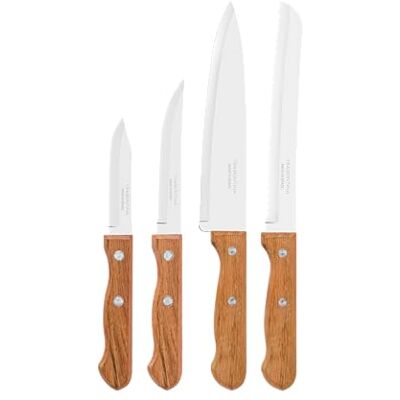Tramontina Conjunto de facas Dynamic, para alimentos, em aço inoxidável e cabos de madeira natural, utensílios com rebites de alumínio, 4 peças Tramontina Conjunto de facas Dynamic, para alimentos, em aço inoxidável e cabos de madeira natural, utensílios com rebites de alumínio, 4 peças