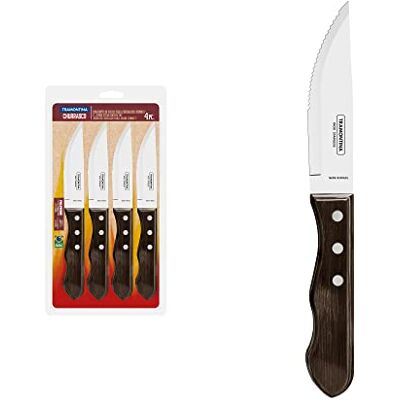 Tramontina Conjunto de facas Jumbo Churrasco, para assado, em aço inoxidável e cabos de madeira Polywood em cor castanho, talheres com rebites de alumínio, 4 peças, tamanho de 5 Tramontina Conjunto de facas Jumbo Churrasco, para assado, em aço inoxidável e cabos de madeira Polywood em cor castanho, talheres com rebites de alumínio, 4 peças, tamanho de 5