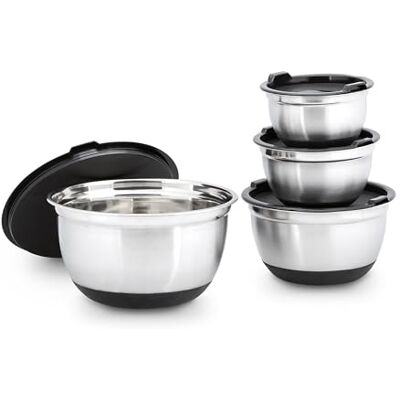 Relaxdays Conjunto tigelas de cozinha antiderrapantes, aço, 4 peças, com tampa, saladeiras, 14 x 25,5 x 25,5 cm, prateado e preto Relaxdays Conjunto tigelas de cozinha antiderrapantes, aço, 4 peças, com tampa, saladeiras, 14 x 25,5 x 25,5 cm, prateado e preto