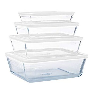 PYREX ® Cook & Freeze Conjunto de 4 pratos retangulares de vidro com tampa hermética Especial para congelador Seguro para uso no forno e no congelador Livre de BPA PYREX ® Cook & Freeze Conjunto de 4 pratos retangulares de vidro com tampa hermética Especial para congelador Seguro para uso no forno e no congelador Livre de BPA