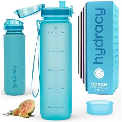 Hydracy Garrafa de água com marcador de tempo e infusor de frutas 1 l Sem BPA, à prova de fugas, capa anti-respirável, rastreamento diário para ginásio, desportos e atividades ao ar livre Hydracy Garrafa de água com marcador de tempo e infusor de frutas 1 l Sem BPA, à prova de fugas, capa anti-respirável, rastreamento diário para ginásio, desportos e atividades ao ar livre